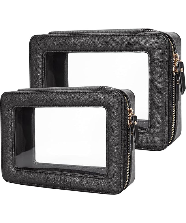 Aveniee Clear Makeup Bag Set,Portable Travel Toiletry Bag Cosmetic Case for Women,Vegan Leather Make Up Pouch Organizer Car Bag for Essentials 2pcs,Middle & Large,Black