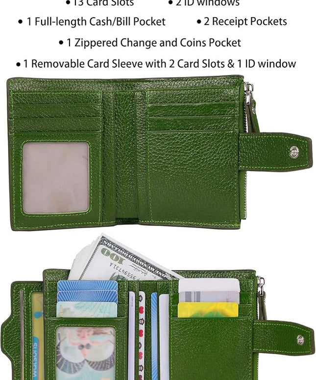 AINIMOER Women's RFID Blocking Leather Small Compact Bi-fold Zipper Pocket Wallet Card Case Purse with id Window