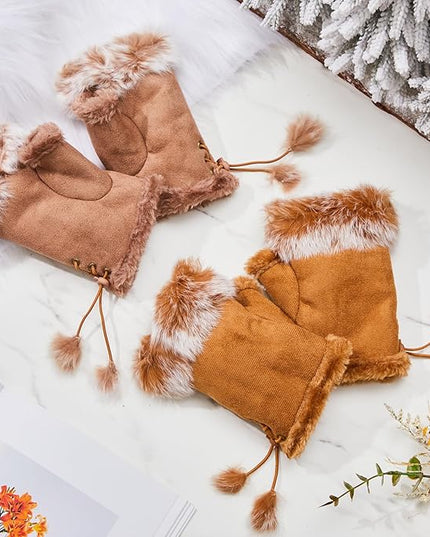 SATINIOR Women Fur Fingerless Gloves Winter Rabbit Fur Lined Half Finger Mittens for Women Girls Teen Working Writing