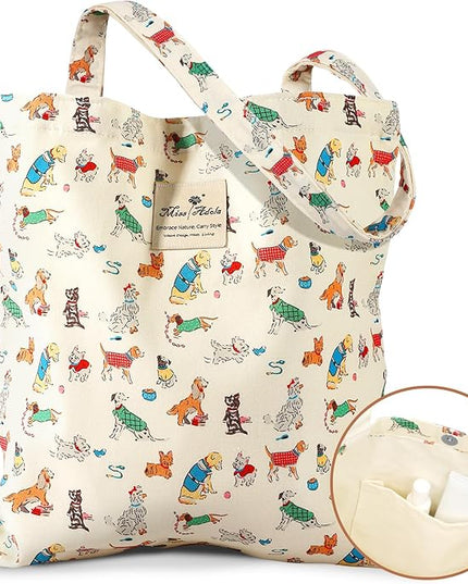 Aesthetic Cotton Tote Bag for Women - Reusable Shoulder Bag with Buckle Fabric Bag for Gym, Travel, Work