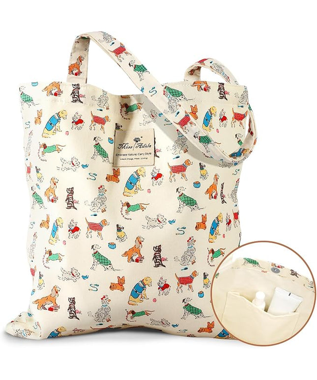 Aesthetic Cotton Tote Bag for Women - Reusable Shoulder Bag with Buckle Fabric Bag for Gym, Travel, Work