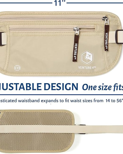 VENTURE 4TH Money Belt for Travel – Hidden Under-Clothes RFID Blocking Passport Holder & Slim Travel Wallet Pouch for Men & Women to Protect Cash, Cards & Documents (Beige)
