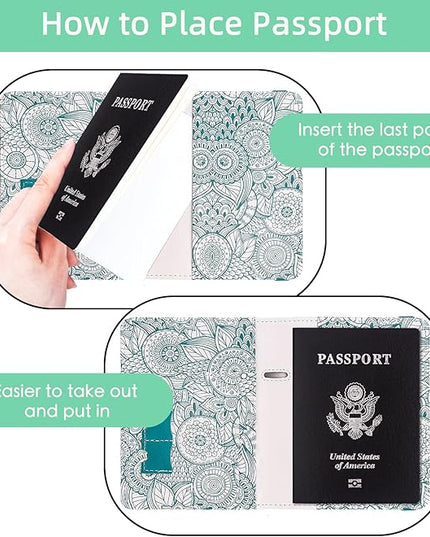 WALNEW Passport Holder for Travel, RFID Passport Cover Wallet for Women Men, PU Leather Passport Book Card Holder Case with Pen (Elastic Band Closure, D-Green Petals)