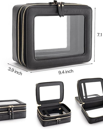 Aveniee XL Clear Makeup Organizer,Double Layer Travel Cosmetic Case with Brush Holder & Zippered Compartments,Big Toiletry Bag for Travel Accessories,2 Layers Large,Black