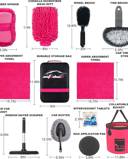 AUTODECO 22Pcs Car Wash Cleaning Tools Kit Car Detailing Set with Canvas Bag Pink Collapsible Bucket Wash Mitt Sponge Towels Tire Brush Window Scraper Duster Complete Interior Car Care Kit