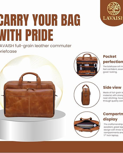 Handmade Full-Grain Leather Briefcase for Men & Women–17" Laptop Bag with Computer Compartment Office Satchel Bag