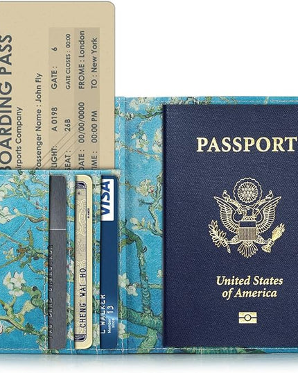 Passport Holder, Slim Travel Wallet RFID Blocking Card Case Passport Cover Protector Travel Essentials with Credit Card Slots Pockets for Women/Men, Almond Blossom Tree
