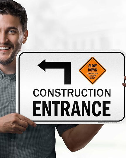 Slow Down Construction Entrance Ahead With Left Arrow Sign, 12x18 Inches, 3M EGP Reflective .063 Aluminum, Fade Resistant, Made in USA by My Sign Center