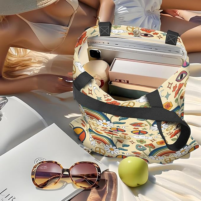 Canvas Tote Bag for Women，Cute Heavy-Duty Shoulder Bag with Zipper Pocket -Travel Tote for Grocery, Gym,Shopping