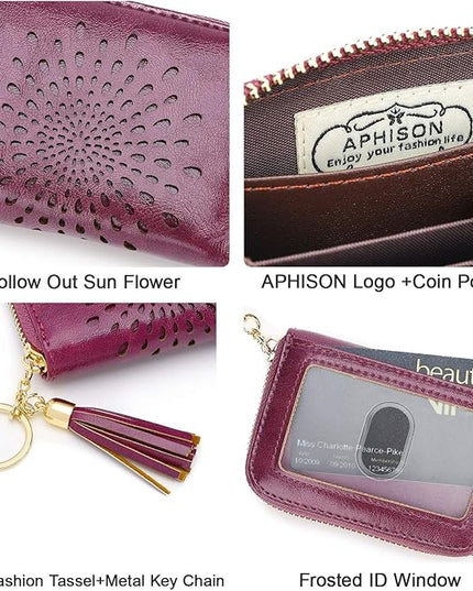 APHISON RFID Credit Card Holder Zipper Card Case Keychain Small Wallet for Women 1927 PURPLISH-RED