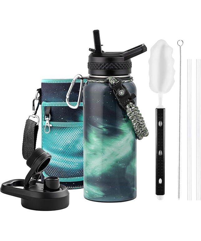 32oz Insulated Water Bottle, Triple Wall Vacuum Stainless Steel Water Bottles - Keeps Cold 48H, Reusable Metal water flask Jug for Gym, Sports, Camping, Hiking,Travel, Aurora-Green