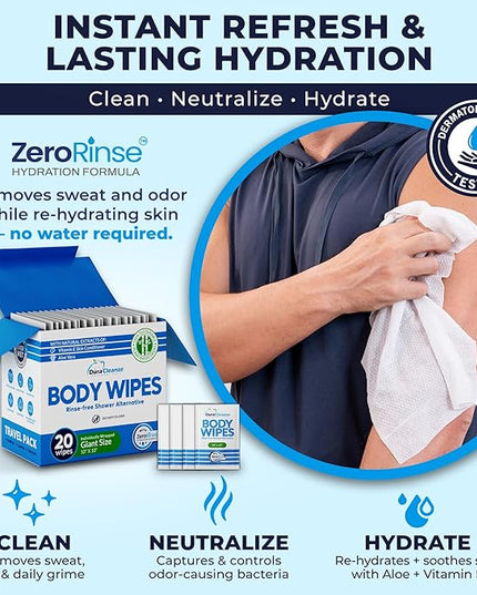 Body Wipes for Adults Bathing No Rinse - 20 Count Travel Shower Wipes - 10 x 11.5" Individually Wrapped Thick Cleansing Waterless Wash Scrubs - Disposable Washcloths for Camping & Elderly Incontinence