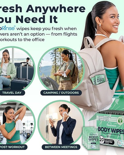 Travel Body Wipes for Women - 20 XL Shower Wipes for Adults Bathing No Rinse - Individually Wrapped 10”x10” Disposable Washcloths - Feminine Hygiene Essentials, Gym, Backpacking, Camping Must Haves