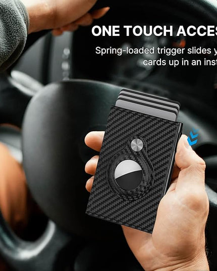 Mens Smart Wallet Card Holder for AirTag: Leather, Compatible with Apple Air Tag, RFID Blocking, Slim, Carbon Fiber, Minimalist - 9-14 Card Capacity | ID Window | Cash Slot (Black)