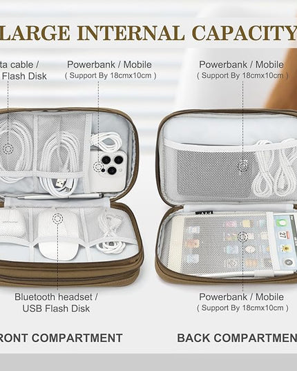 FYY Electronic Organizer, Large Travel Cable Organizer Bag Pouch Electronic Accessories Carry Case Portable Waterproof Double Layers All-in-One Storage Bag for Cable, Cord, Charger, Phone, Brown