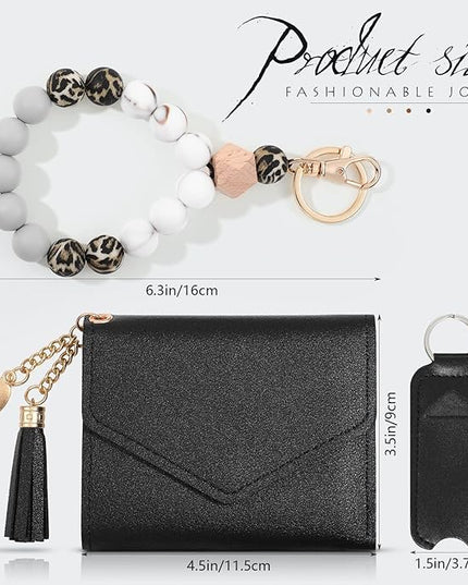 Weewooday Wristlet Bracelet Keychain Wallet Gift for Women Christmas Small Silicone Beaded Keyring Purse Leather Card Holder(Black)