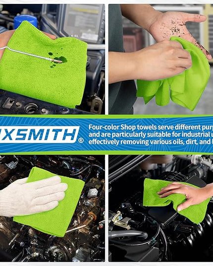 FIXSMITH Microfiber Cleaning Cloth, Shop Towels Bulk, 24 Pack Green Microfiber Towels for Cars, All-Purpose Absorbent Cleaning Rags, Dust Cloth for Automotive, Mechanic, Garage, Bar, 12 x 11 inch