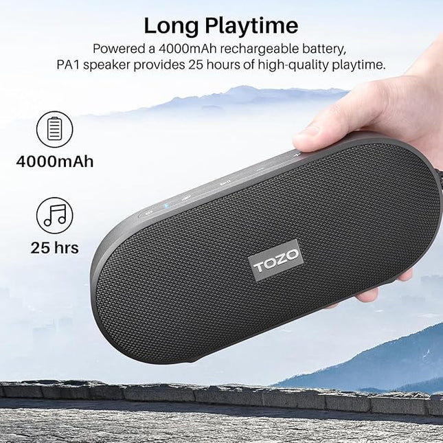 TOZO PA1 Bluetooth Speaker Built-in Microphone Stereo Sound, 25H Playtime, IPX7 Waterproof Shower Speaker, Portable Wireless Speaker with EQ Mode, APP Control, Dual Pairing for Home, Travel, Black