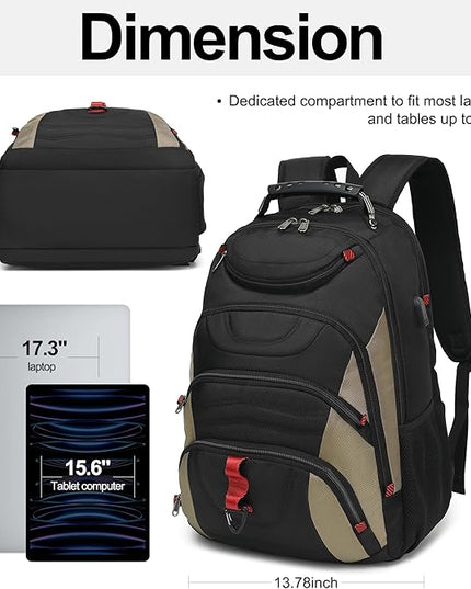 Boavan Laptop Backpack for men, 17.3 inch Laptop Bag with USB Port, Waterproof Travel Work Backpack Purse, Anti-Theft Teacher Nurse Doctor Casual Bookbags Office Business backpack，Black&Khaki