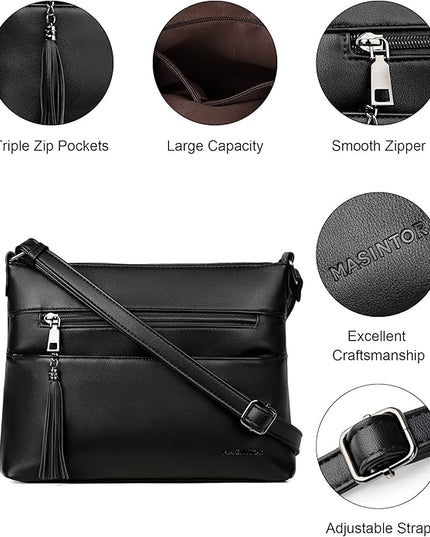 MASINTOR Crossbody Bags for Women, Lightweight Medium Crossbody Purse, Soft Leather Women's Shoulder Handbags with Tassel
