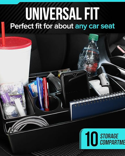 Vehicle Seat Organizer Car Storage Caddy with Carrying Handle, 2 Large Cup Holders, 10 Compartments, Hidden Extra Storage, Fits Most Vehicles, Made in USA from Recycled Plastic