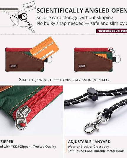 RFID Travel Wallet with Adjustable Lanyard-Zipper Small Wallet with ID Card Holder, Keychain for women&men-Minimalist Slim Waterproof Nylon case for ID, Cash, Key (Coffee+DarkYellow)