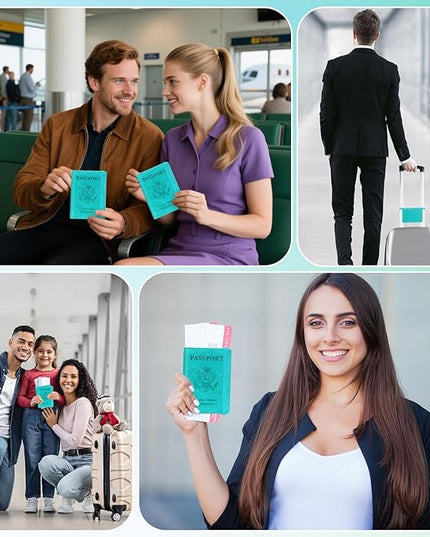 Passport Holder for Travel, RFID Blocking Passport Cover with Pen Holder Leather Passport Wallet Case Travel Must Haves Accessories Passport Book Card Holder for Family Travel Essentials, Turquoise