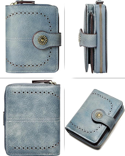 TFKGS Small Womens Wallet Leather RFID Blocking Bifold Compact Card Holder Ladies Zipper Accordion Pocket with ID Window Blue