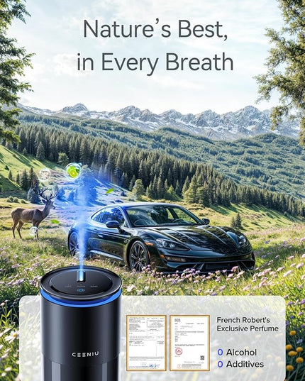 Ceeniu Car Air Freshener CF12 Pro, Smart Ultrasonic Diffuser, Enlarged Spray Nozzle, Auto On/Off, 3 Modes, Ambient Light, 700mAh Built-in Battery, Perfume Natural Fragrance for Women, Lasts 4 Months