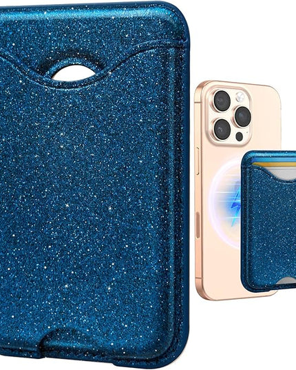 Shorogyt Compatible with Magsafe Wallet Magnetic Card Holder - Glitter Blue Phone Wallets for Women Teen Girls Fashion for iPhone 17/16/15/14/13/12 Series Slim for Apple Mag RFID Magnet, Fit 3 Cards