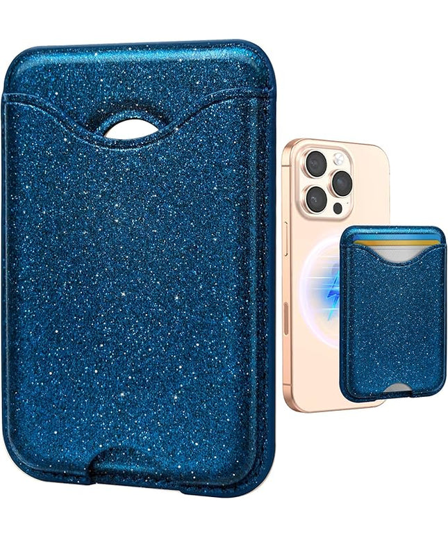 Shorogyt Compatible with Magsafe Wallet Magnetic Card Holder - Glitter Blue Phone Wallets for Women Teen Girls Fashion for iPhone 17/16/15/14/13/12 Series Slim for Apple Mag RFID Magnet, Fit 3 Cards