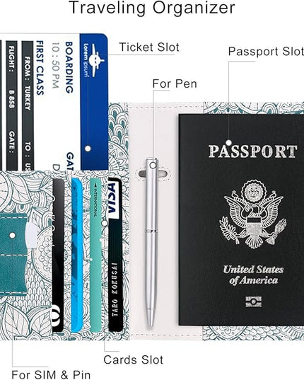 WALNEW Passport Holder for Travel, RFID Passport Cover Wallet for Women Men, PU Leather Passport Book Card Holder Case with Pen (Elastic Band Closure, D-Green Petals)