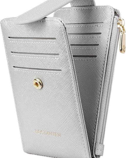 BOSTANTEN Slim Wallet Women RFID Blocking Card Holder Leather Bifold Wallet with Zipper Pocket Silver