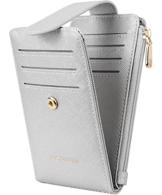 BOSTANTEN Slim Wallet Women RFID Blocking Card Holder Leather Bifold Wallet with Zipper Pocket Silver