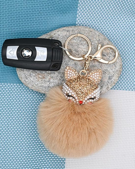 Faux Rabbit Fur Ball Pom Pom Keychain with Fox Head Studded with pearl Rhinestone for Womens Bag Car Key Decoration