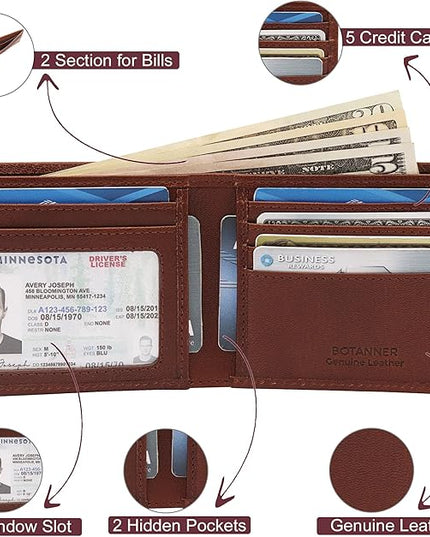 BOTANNER Genuine Leather Bifold Mens Wallet RFID Blocking 5 Credit Card Slots 1 ID Window 2 Sections for Bills 2 Additional Slots | Choco
