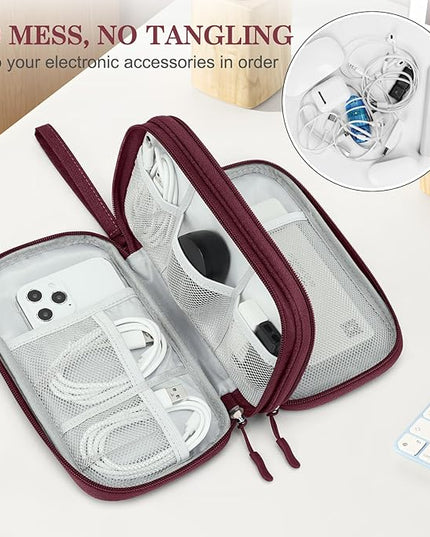 FYY Electronic Organizer, Travel Cable Organizer Bag Pouch Electronic Accessories Carry Case Portable Waterproof Double Layers Storage Bag for Cable, Charger, Phone, Earphone, Medium Size, Wine Red