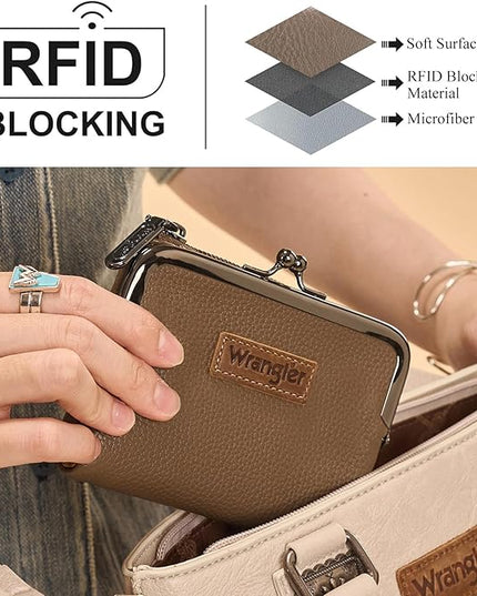 Montana West Wrangler Women's Wallet RFID Blocking Wallets Small Bifold Credit Card Holder with Kiss Clasp Khaki