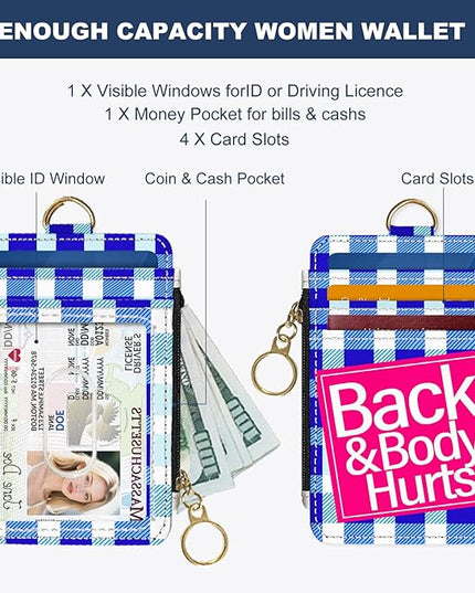 Slim Wallet Credit Card Holder, Blue Checkered X, RFID Wallet Women Cute Small Front Pocket Wallet With Zipper, PU Leather Thin travel RFID Blocking Card Case ID Window,Ladies Gifts