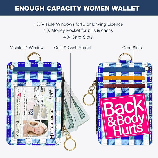 Slim Wallet Credit Card Holder, Blue Checkered X, RFID Wallet Women Cute Small Front Pocket Wallet With Zipper, PU Leather Thin travel RFID Blocking Card Case ID Window,Ladies Gifts
