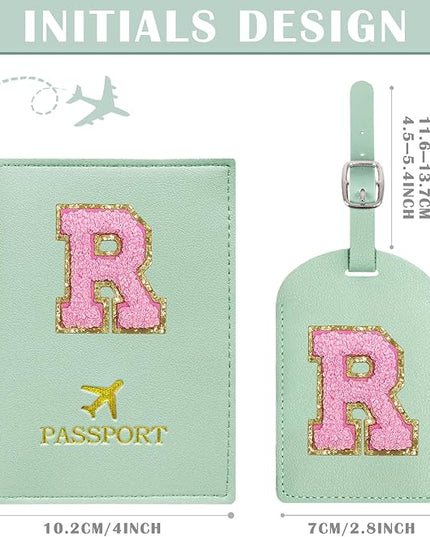 COSHAYSOO Initial Passport Cover Luggage Tag Set Letter Passport Holder Airplane Cruise Travel Essentials Vacation Traveling Accessories Personalized Gifts for Women Teen College Girls Teal R