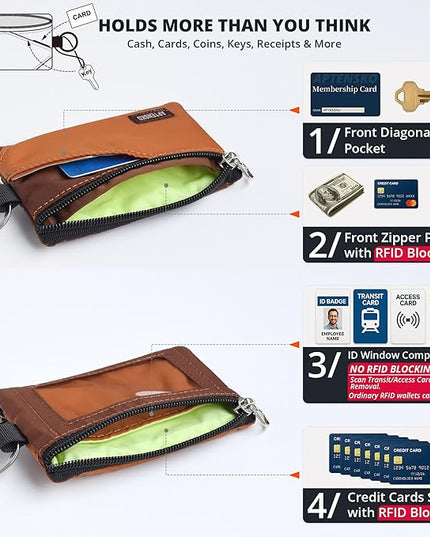 RFID Travel Wallet with Adjustable Lanyard-Zipper Small Wallet with ID Card Holder, Keychain for women&men-Minimalist Slim Waterproof Nylon case for ID, Cash, Key (Rust+Coffee)