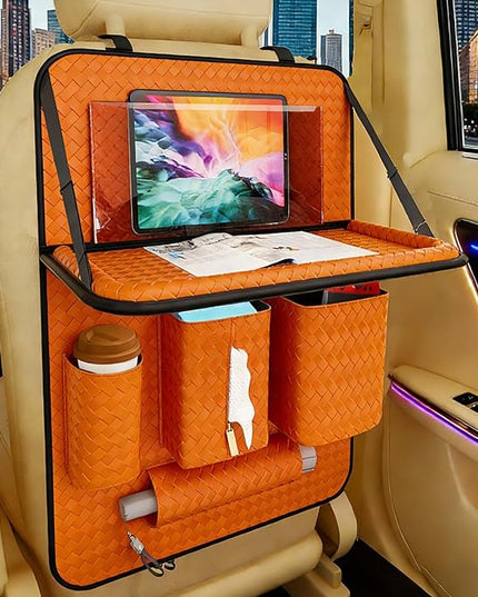 Car Back Seat Organizer, Black Woven Leather Storage Bag, Multifunctional Rear Seat Protector with Tablet Holder, 25.2x17.7 Inches, Abrasion Resistant (Orange)