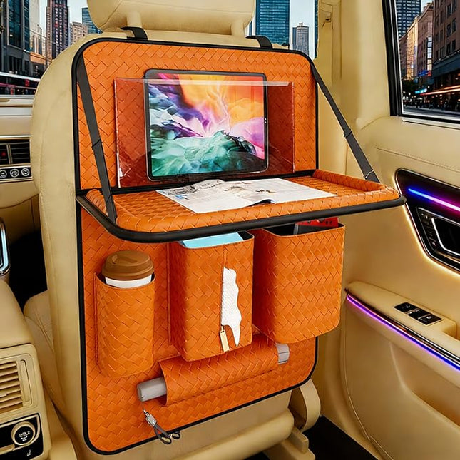 Car Back Seat Organizer, Black Woven Leather Storage Bag, Multifunctional Rear Seat Protector with Tablet Holder, 25.2x17.7 Inches, Abrasion Resistant (Orange)