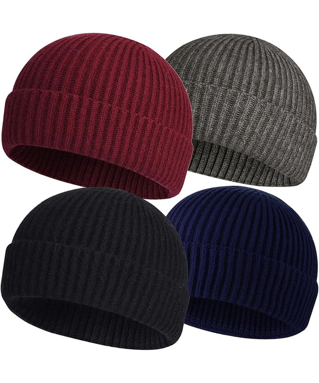 ROYBENS 4 Pack Wool Fisherman Beanies for Men, Knit Short Watch Cap Winter Warm Hats