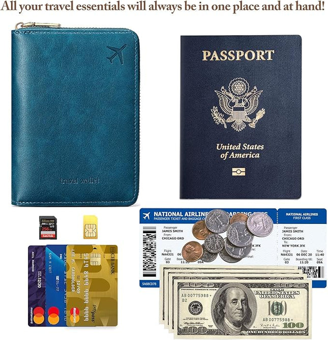 Passport Holder for Travel Women and Men RFID Passport Holder with Card Slots Holder Passport Case Passport cover Passport Wallet Travel Essentials and Accessories (Short Zipper, SZ-Blue)