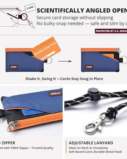 RFID Travel Wallet with Adjustable Lanyard-Zipper Small Wallet with ID Card Holder, Keychain for women&men-Minimalist Slim Waterproof Nylon case for ID, Cash, Key (Navy+Black)