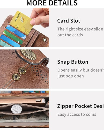 SENDEFN Wallet for Women RFID Blocking Leather Clutch Long Purse Large Capacity Credit Card Holder Wristlet