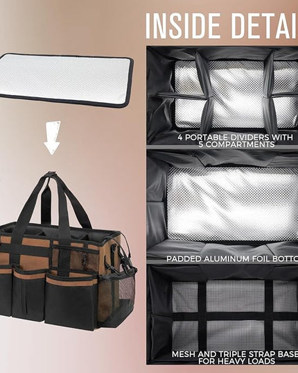 Wearable Cleaning Caddy, Cleaning Caddy Supplies Organizer with Handle & Shoulder Straps for Housekeepers, Under Sink & Car Cleaning Tool Organizers Bag with 4 Foldable Divider (Brown)