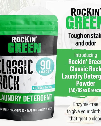 Rockin' Green Classic Rock Laundry Detergent (90 Loads), Plant based, All Natural Laundry Detergent Powder, Vegan and Biodegradable Odor Fighter, Safe for Sensitive Skin, 45 oz (AC/DSea Breeze)